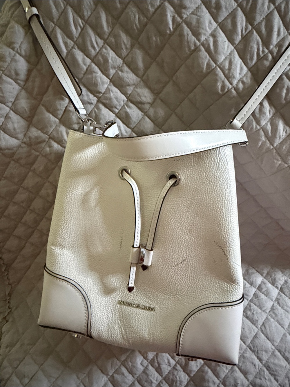 Michael Kors Cream Leather Drawstring Crossbody Bucket Bag